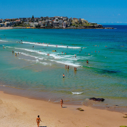 A sunny Australian beach packed with people, illustrating the intense summer heat that requires the right dog supplies to keep your pet safe.