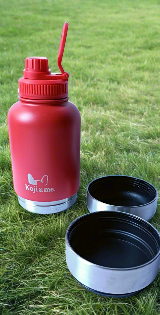 The Get-About Bottle - Koji & me - Insulated Portable Dog Water Bottle - Red- Two detachable bowls for food
