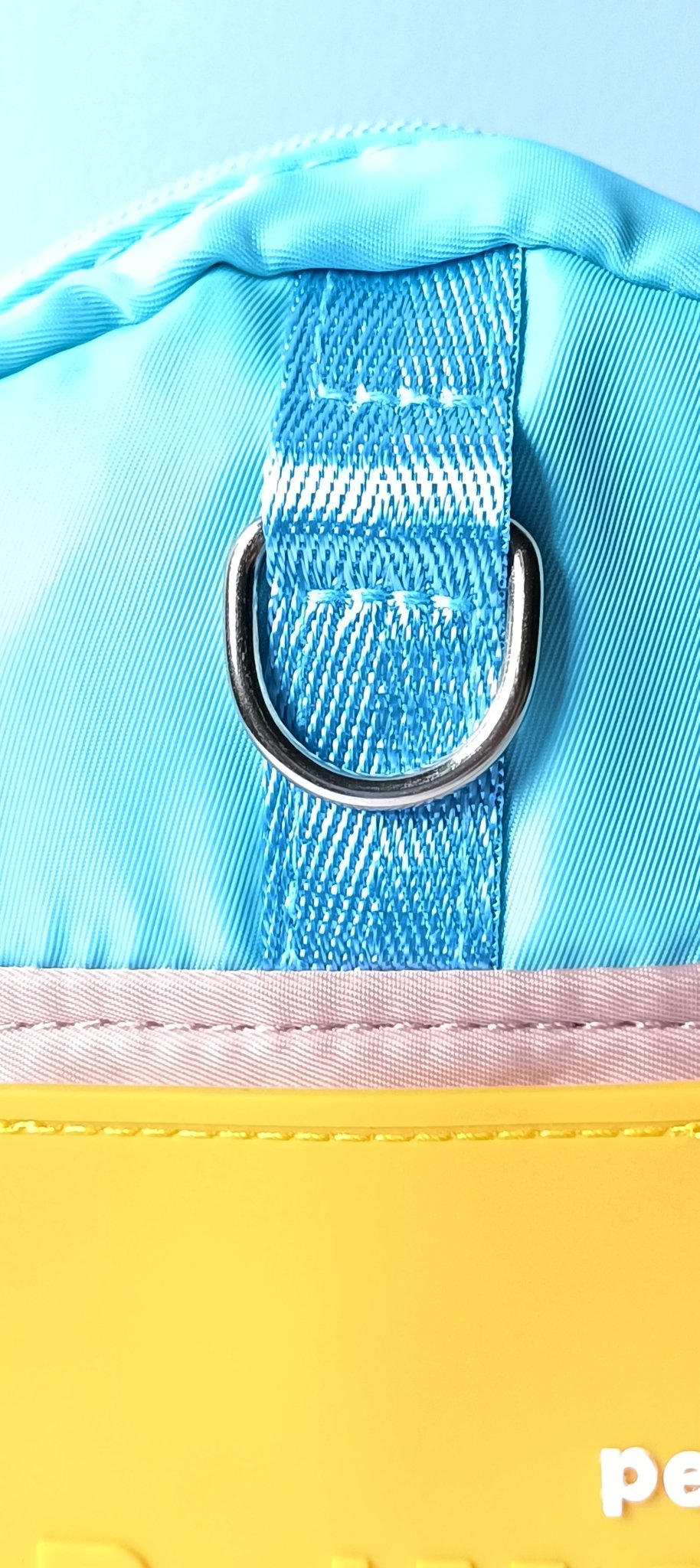 Close-up of the light blue backpack for dogs, showing the silver D-ring detail on the strap, part of our durable dog clothes and dog outfits range.