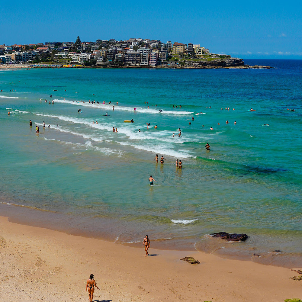 A sunny Australian beach packed with people, illustrating the intense summer heat that requires the right dog supplies to keep your pet safe.