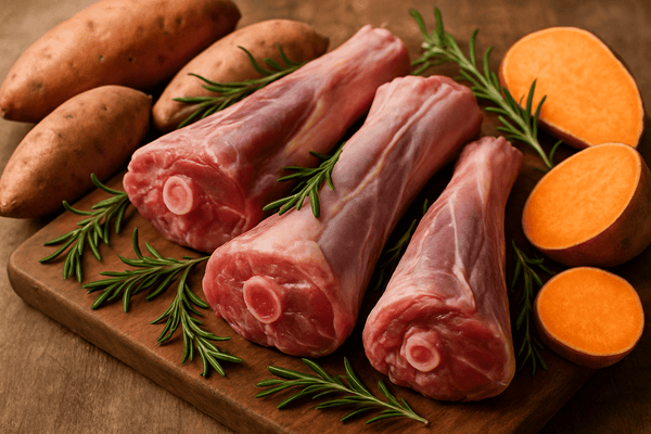 Wholesome, natural ingredients for Koji & Me healthy dog treats, featuring raw lamb shanks and fresh sweet potatoes on a wooden board.