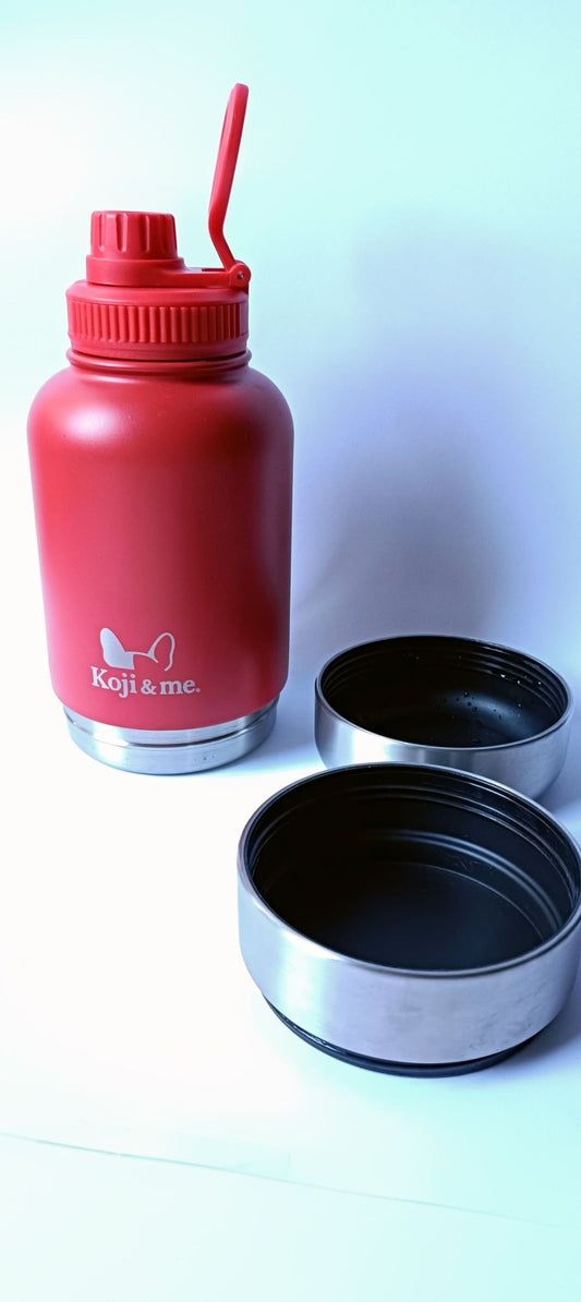 The Get-About Bottle - Koji & me - Insulated Portable Dog Water Bottle - Red- Two detachable bowls for food