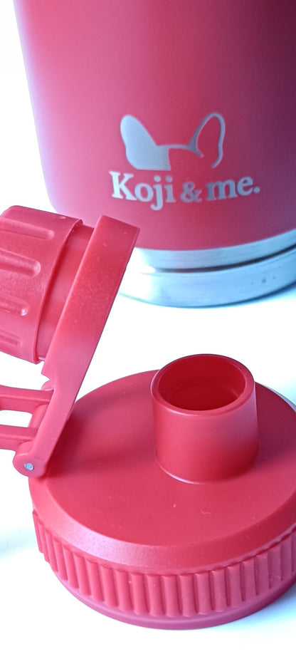 The Get-About Bottle - Koji & me - Insulated Portable Dog Water Bottle - Red- Human sized drinking spout top