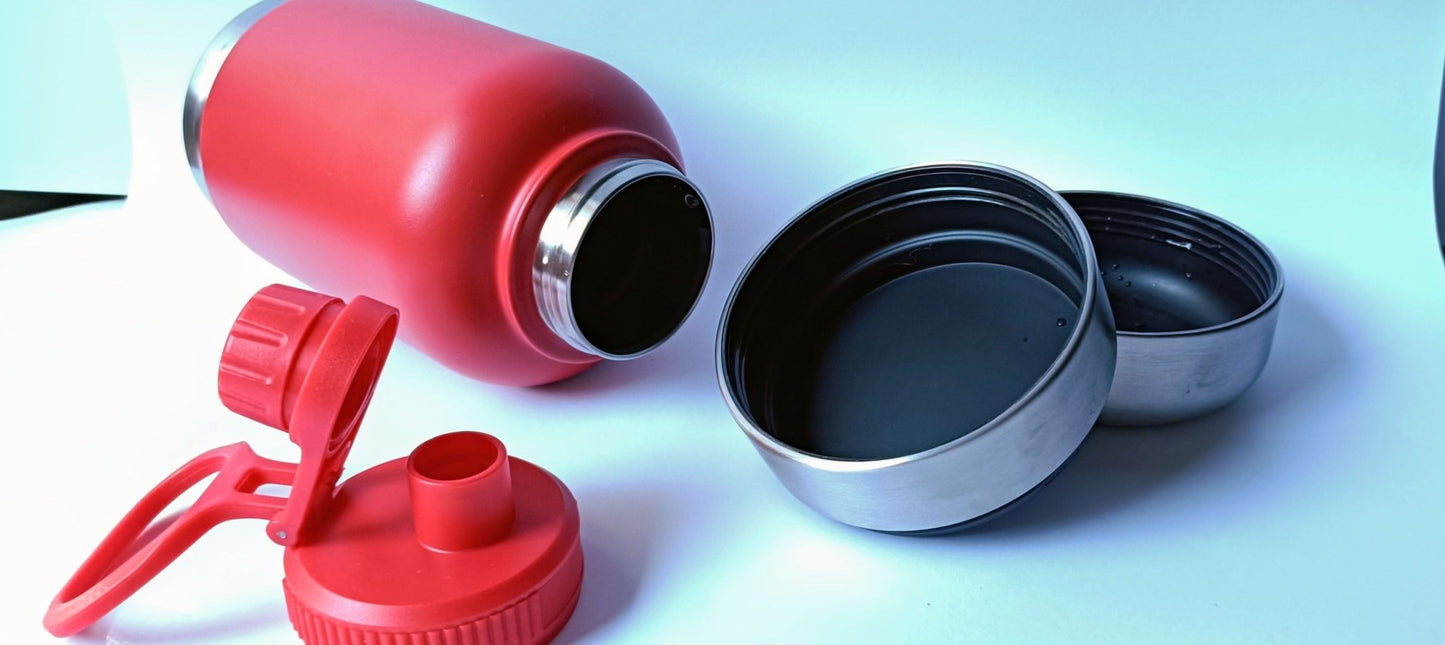 The Get-About Bottle - Koji & me - Insulated Portable Dog Water Bottle - Red- Two detachable bowls for food