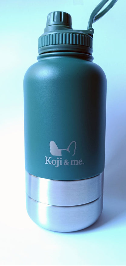 The Get-About Bottle - Koji & me - Insulated Portable Dog Water Bottle - Two detachable bowls for food- Forest Green colour