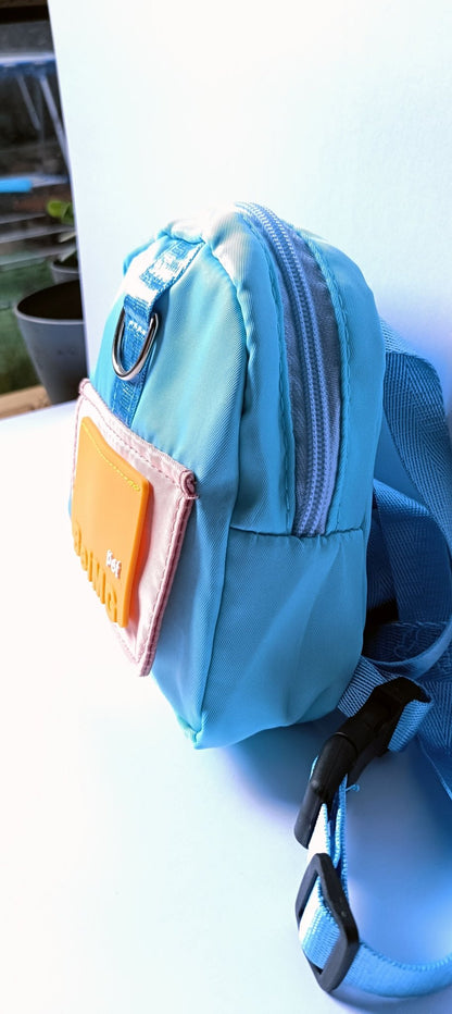 A light blue backpack for dogs on a white background, highlighting a functional and fashionable piece of dog apparel and pet clothes.