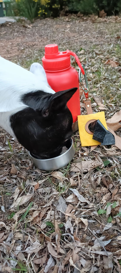 The Get-About Bottle - Koji & me - Insulated Portable Dog Water Bottle - Red- Two detachable bowls for food- dog drinking
