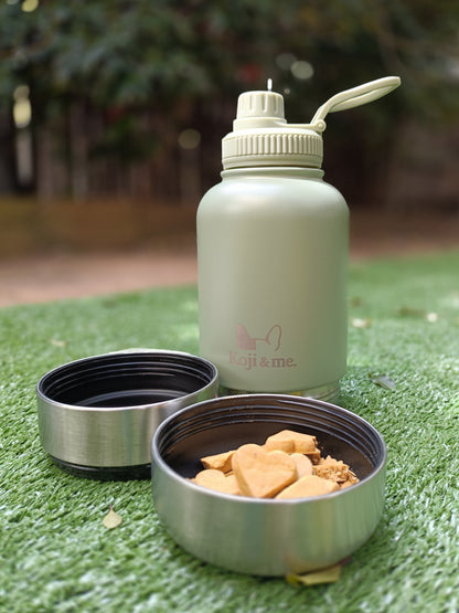 Green pet water bottle with a lid and two metal containers on a green grass background