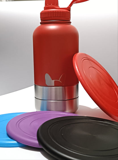 Red water bottle with multiple coloured silicone Frisbees on a white background