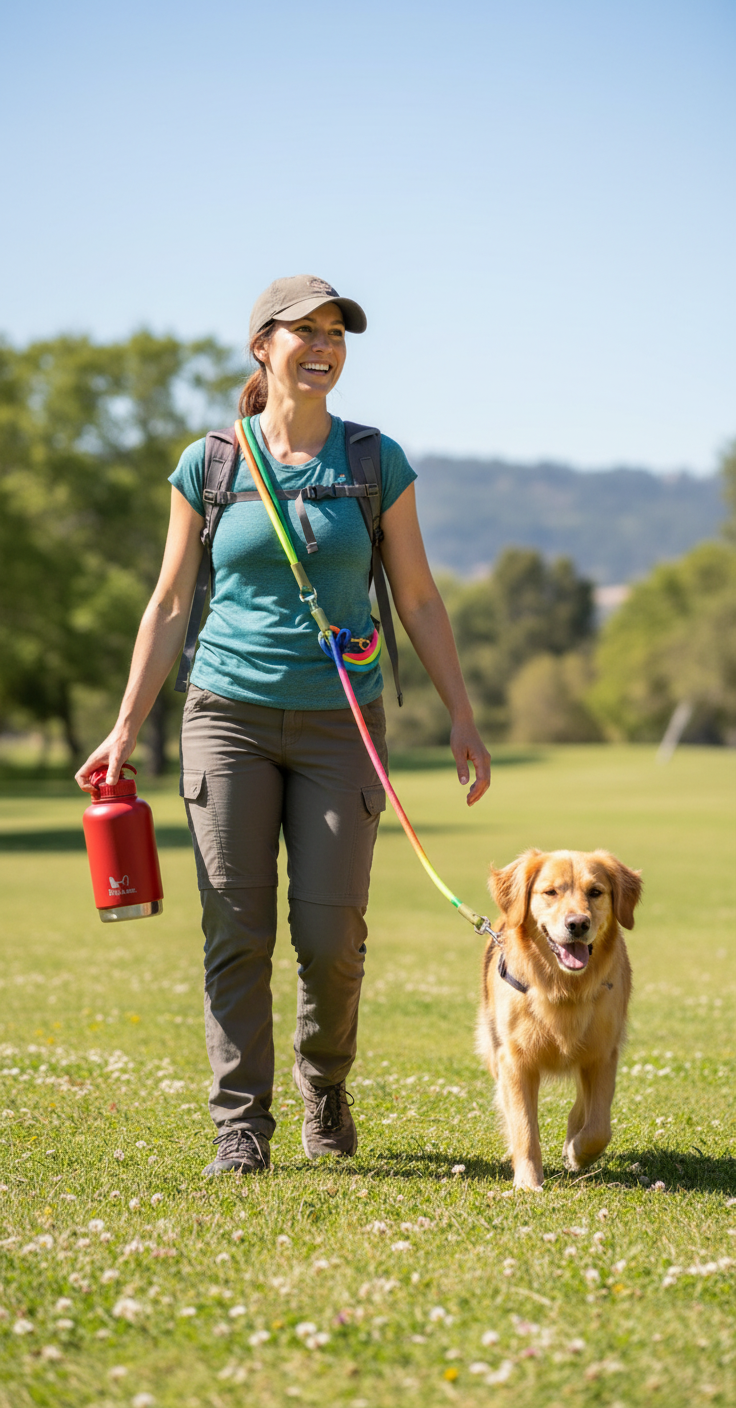 Woman with hands-free cross-body leash carrying water bottle